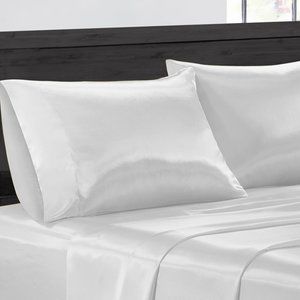 4-Piece:Ultra Soft Silky Satin Bed Sheet Set - WHITE - FULL SIZE